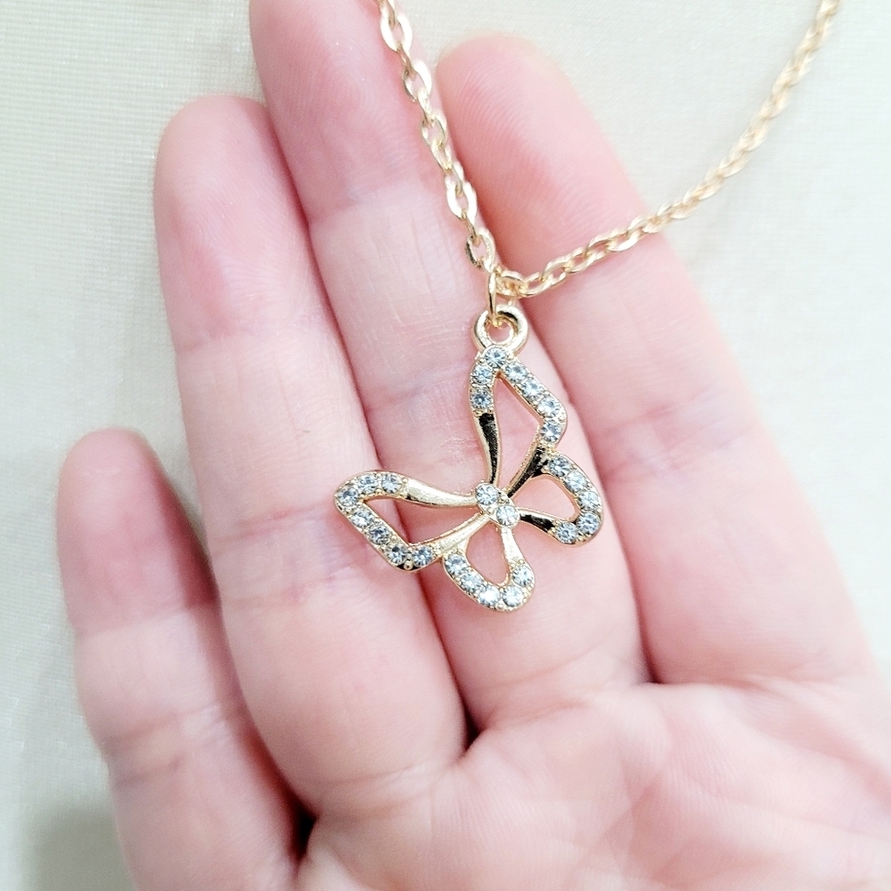Brand New Gold Tone Butterfly Rhinestone Necklace